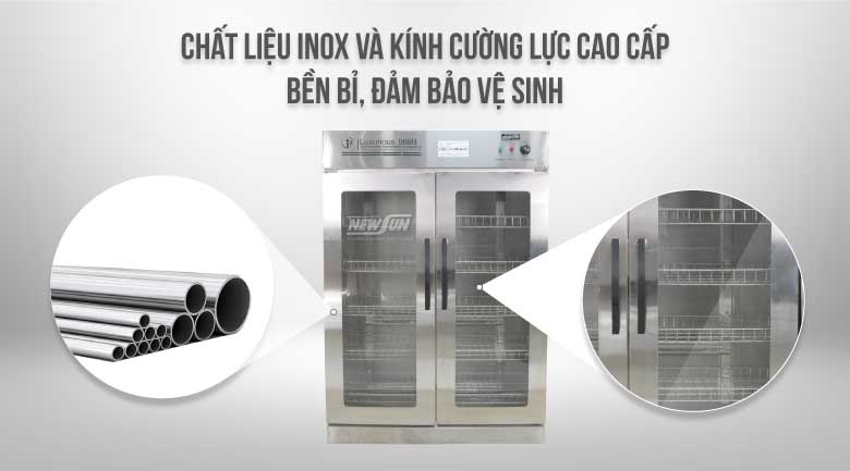 Tủ sấy bát được làm từ inox cao cấp và kính cường lực dày dặn