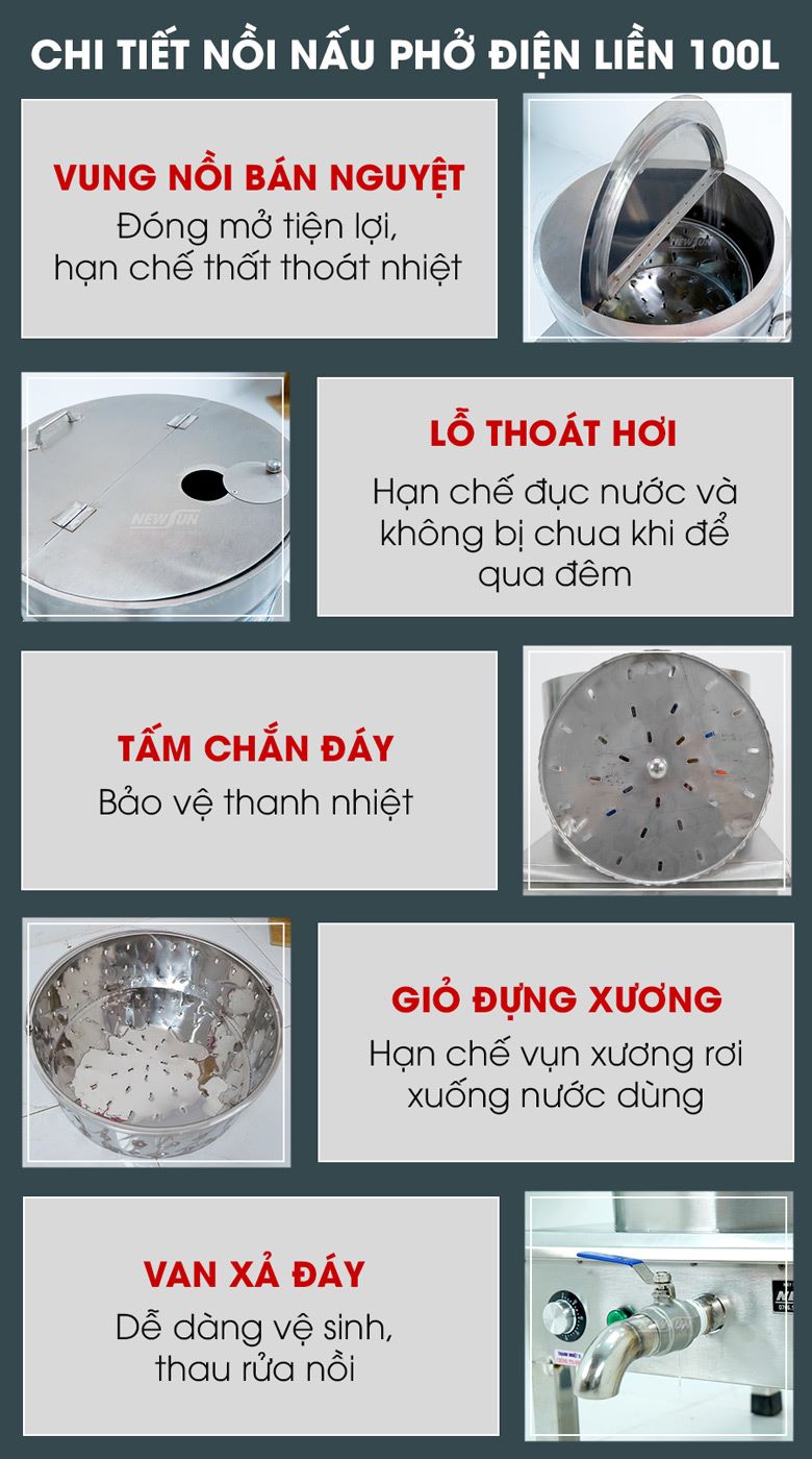 Các chi tiết nồi nấu phở bằng điện 100 lít Các chi tiết nồi nấu phở bằng điện 100 lít