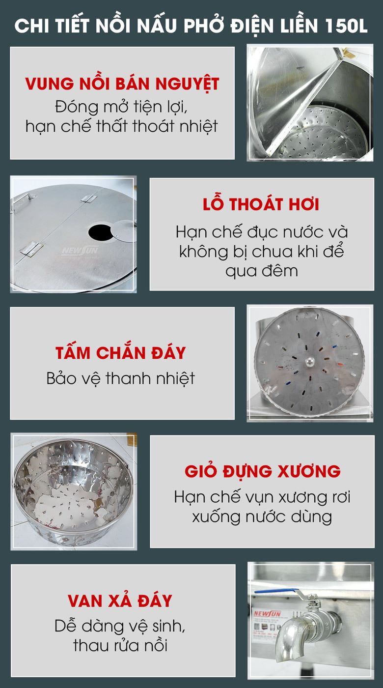 Các chi tiết nồi nấu phở bằng điện 150 lít Các chi tiết nồi nấu phở bằng điện 150 lít