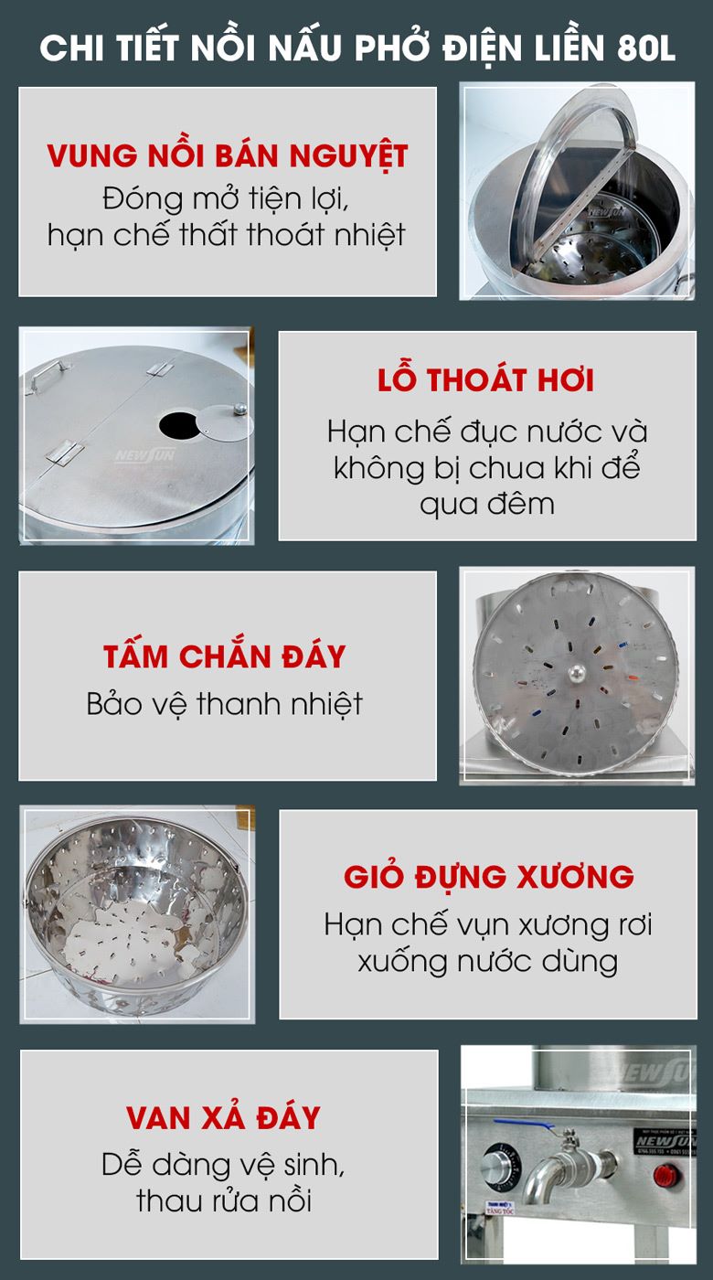 Các chi tiết nồi nấu phở bằng điện 80 lít