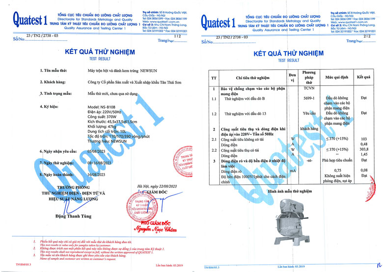 Giấy kiểm định chất lượng mẫu thử máy trộn bột và đánh kem trứng NEWSUN Giấy kiểm định chất lượng mẫu thử máy trộn bột và đánh kem trứng NEWSUN