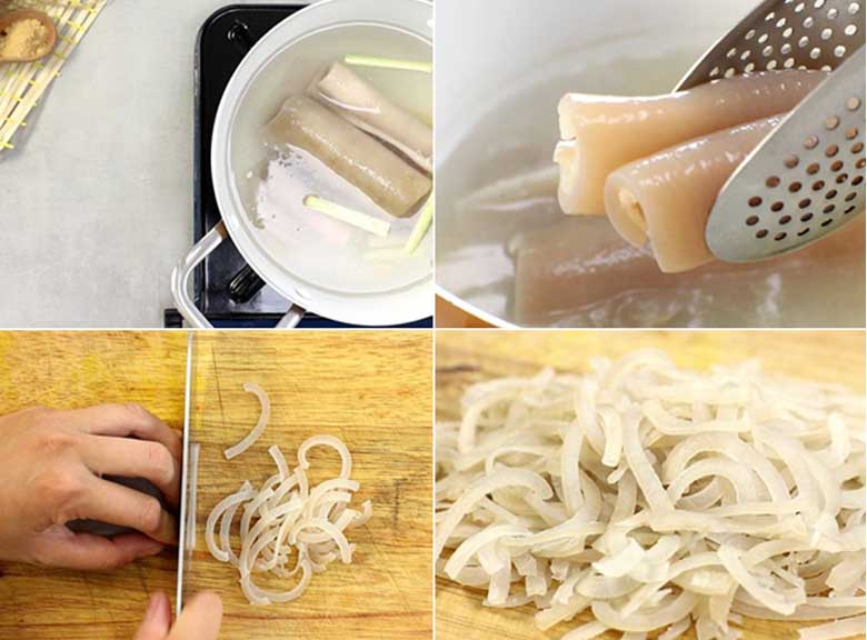 Luộc chín da heo rồi xắt miếng thật mỏng Luộc chín da heo rồi xắt miếng thật mỏng