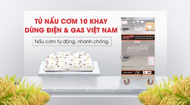 Tủ nấu cơm 10 khay dùng điện & gas Việt Nam (40kg gạo/mẻ)