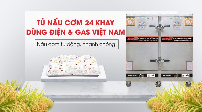 Tủ nấu cơm 24 khay dùng điện & gas Việt Nam (96kg gạo/mẻ)