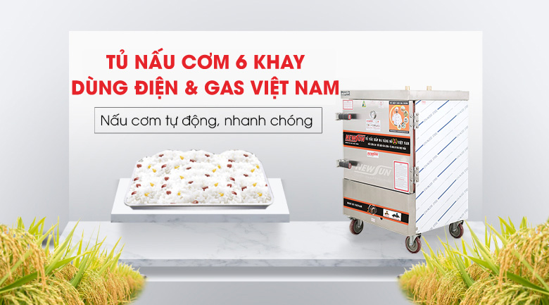 Tủ nấu cơm 6 khay dùng điện & gas Việt Nam (24kg gạo/mẻ)