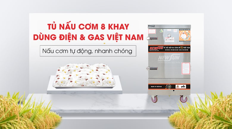Tủ nấu cơm 8 khay dùng điện & gas Việt Nam (32kg gạo/mẻ)