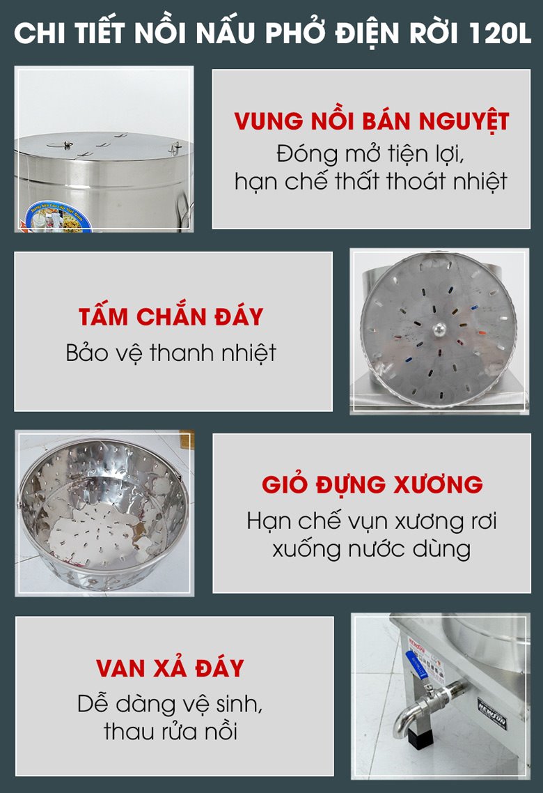 Các chi tiết nồi nấu phở bằng điện 120 lít