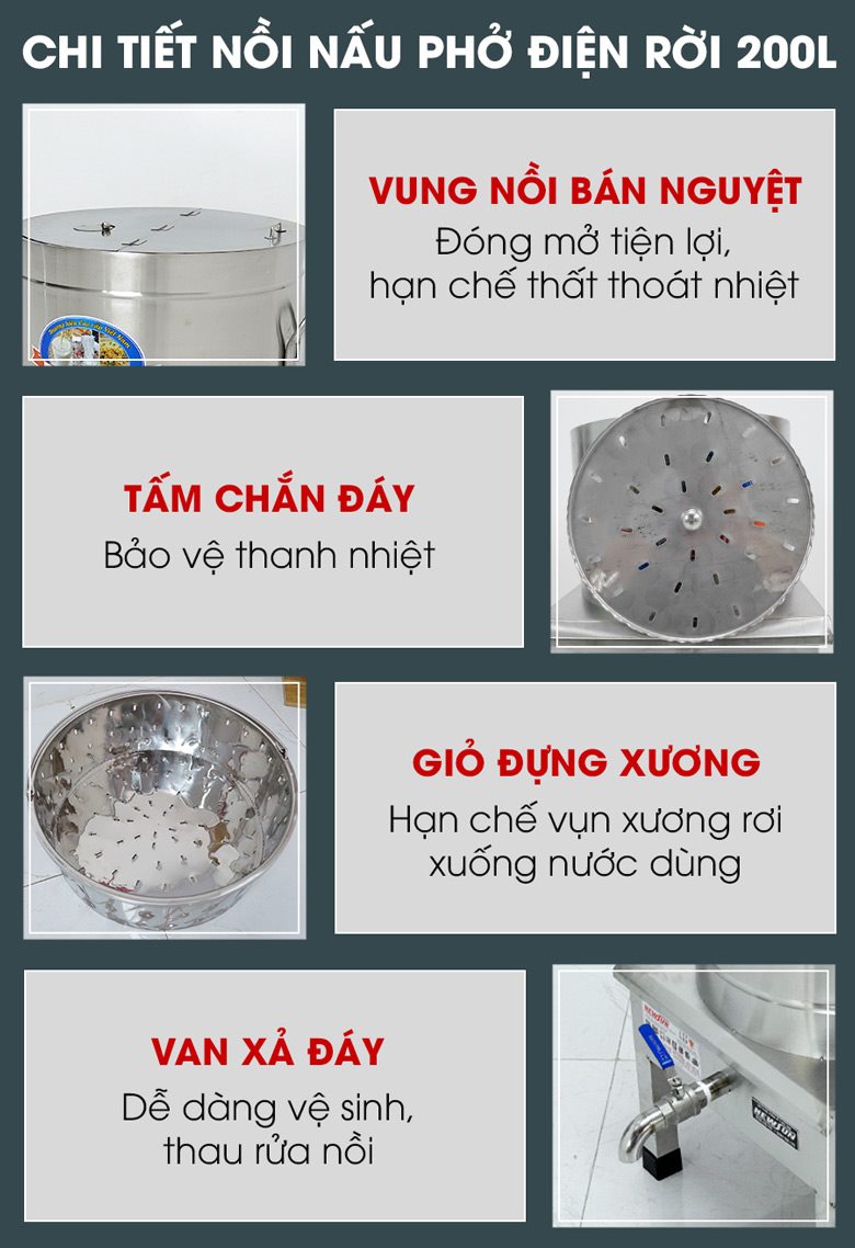 Các chi tiết nồi nấu phở bằng điện 200 lít Các chi tiết nồi nấu phở bằng điện 200 lít