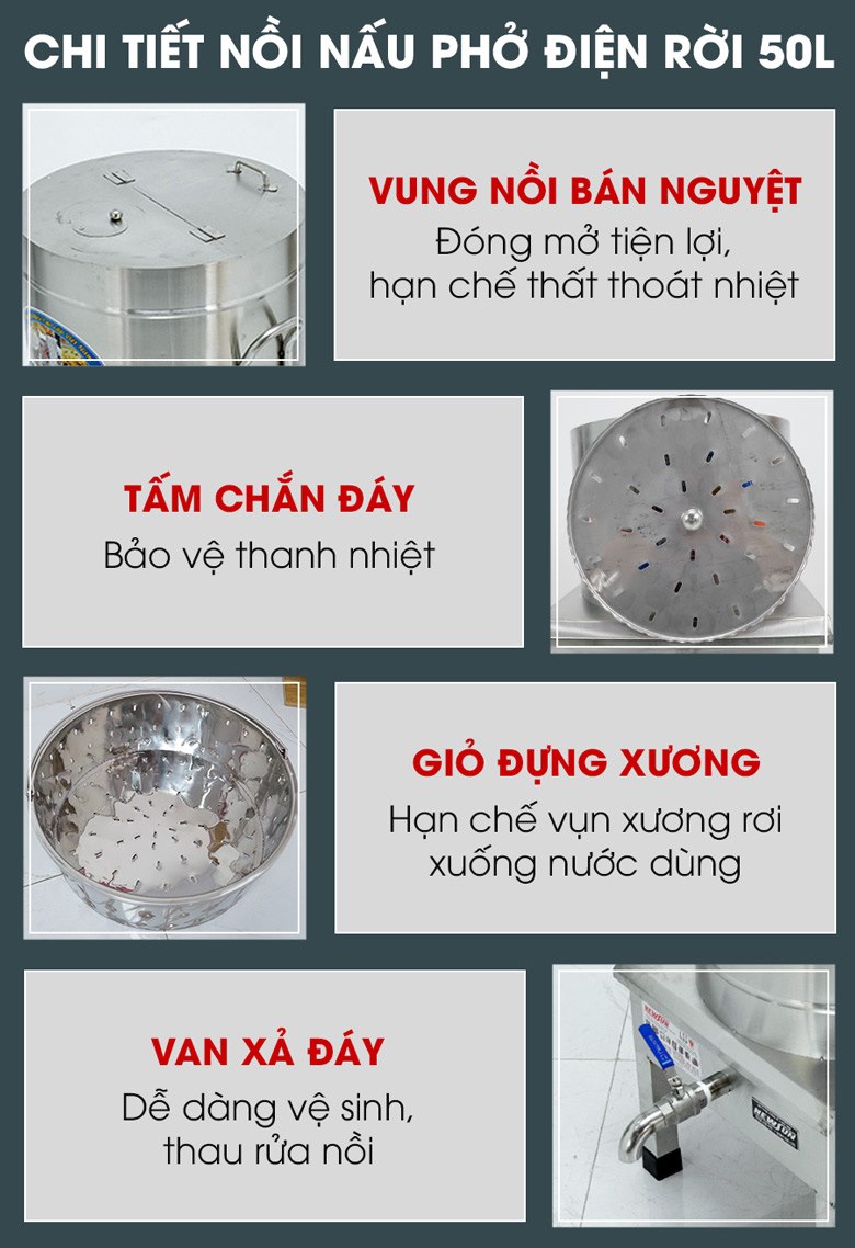Các chi tiết nồi nấu phở bằng điện 50 lít