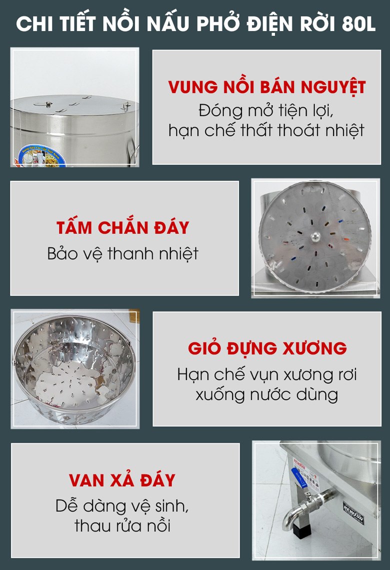 Các chi tiết nồi nấu phở bằng điện 80 lít Các chi tiết nồi nấu phở bằng điện 80 lít
