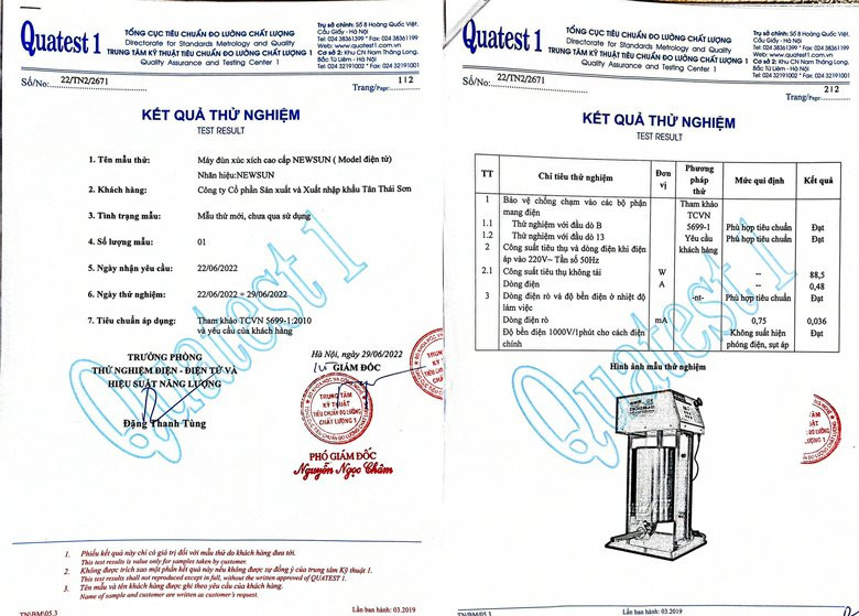 Giấy thử nghiệm chất lượng - Máy đùn xúc xích điện tử cao cấp NEWSUN Giấy thử nghiệm chất lượng - Máy đùn xúc xích điện tử cao cấp NEWSUN