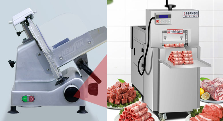 Máy thái thịt ES300 (trái) và máy thái thịt GP-6 (phải)