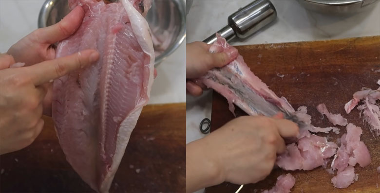 Rút xương và nạo thịt cá mối