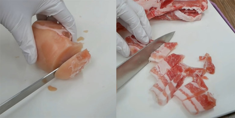 Thịt cọ tinh khiết rồi cắt từng khúc một nhỏ