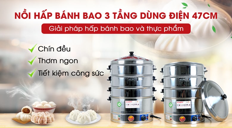 Nồi hấp bánh bao 3 tầng dùng điện 47cm