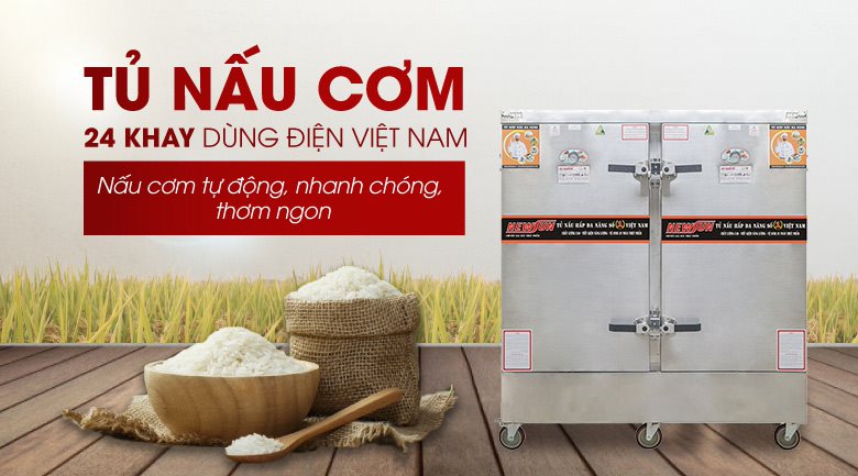 Tủ nấu cơm 24 khay dùng điện Việt Nam (96kg gạo/mẻ)