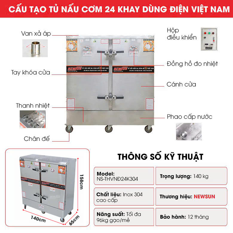 Cấu tạo tủ nấu cơm 24 khay dùng điện hàng Việt Nam