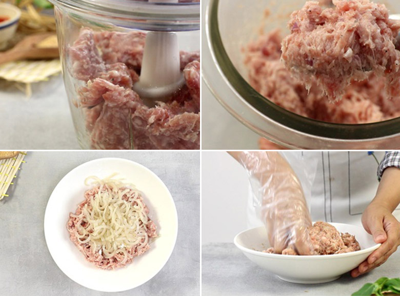 Xay nhuyễn thịt và trộn nhân Xay nhuyễn thịt và trộn nhân