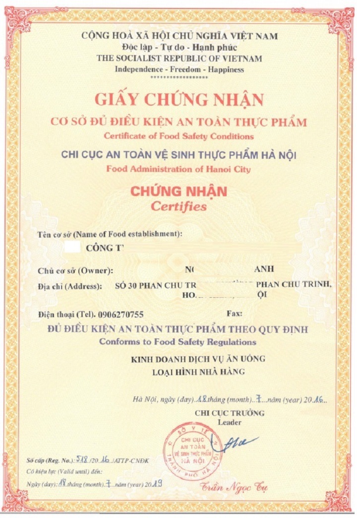 Giấy phép an toàn thực phẩm