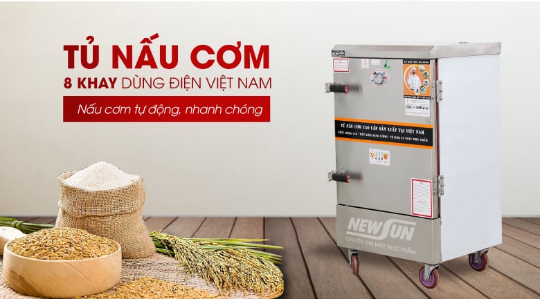 Tủ nấu cơm Việt Nam 8 khay dùng điện (32kg/mẻ)