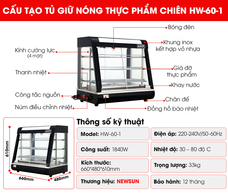Cấu tạo tủ giữ nóng thức ăn kính phẳng NS 60-1