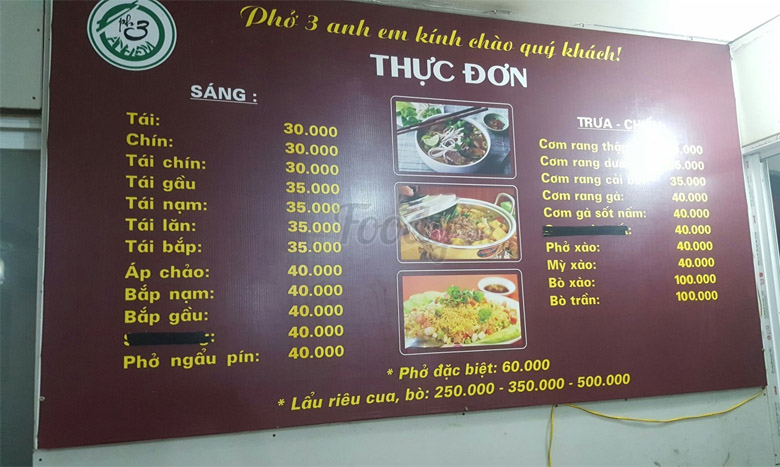 Đa dạng menu cho quán phở