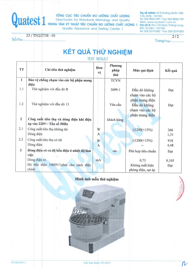 Kết quả thử nghiệm sản phẩm phù hợp tiêu chuẩn