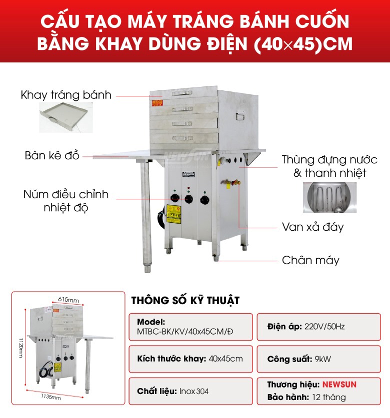 Cấu tạo máy tráng bánh cuốn bằng khay dùng điện (40×45)cm