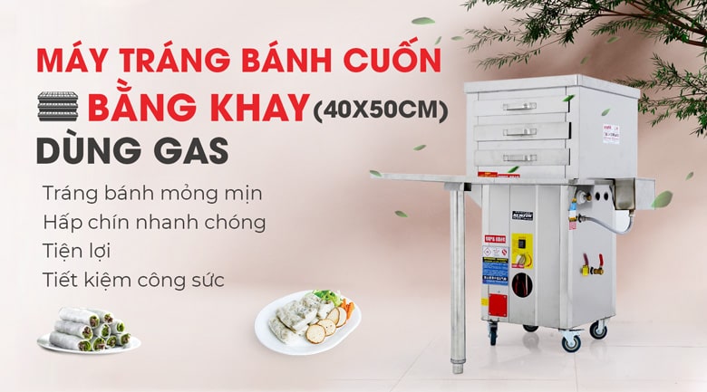 Máy tráng bánh cuốn bằng khay dùng gas (40×50)cm Máy tráng bánh cuốn bằng khay dùng gas (40×50)cm