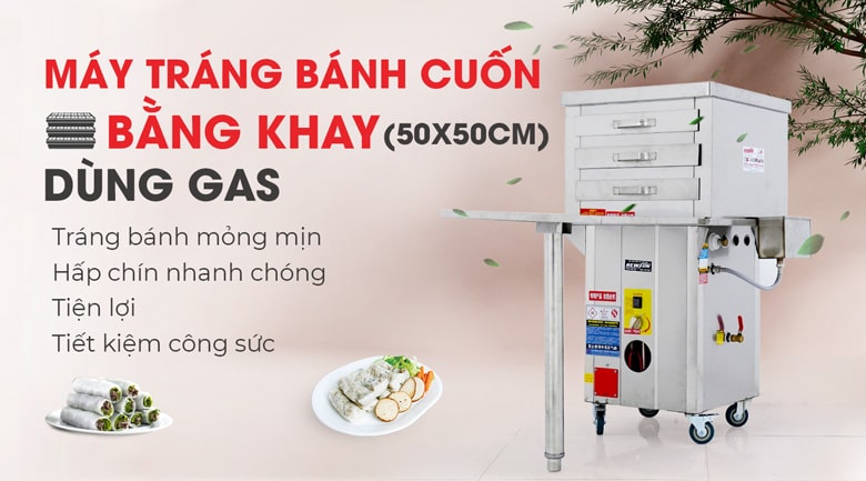 Máy tráng bánh cuốn bằng khay dùng gas (50x50)cm Máy tráng bánh cuốn bằng khay dùng gas (50x50)cm