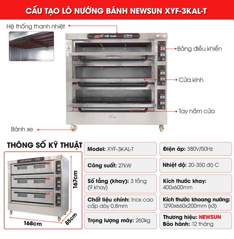 Cấu tạo lò nướng bánh 3 tầng 9 khay XYF-3KAL-T Cấu tạo lò nướng bánh 3 tầng 9 khay XYF-3KAL-T