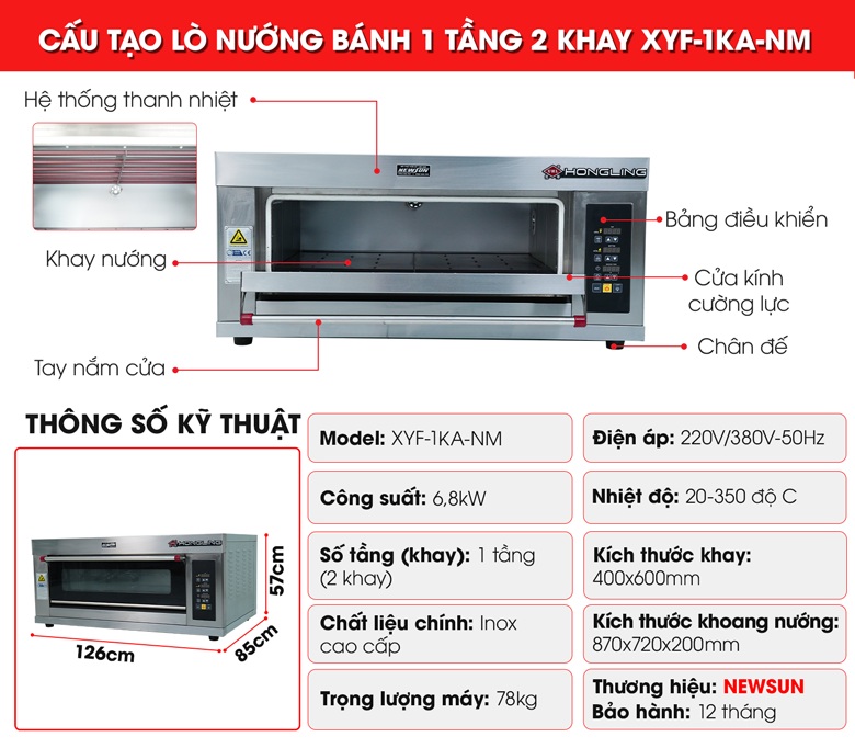 Cấu tạo lò nướng bánh 1 tầng 2 khay XYF-1KA-NM