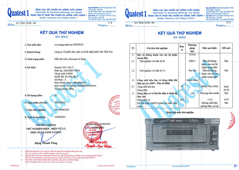 Kết quả thử nghiệm mẫu lò nướng bánh ngọt NEWSUN Kết quả thử nghiệm mẫu lò nướng bánh ngọt NEWSUN
