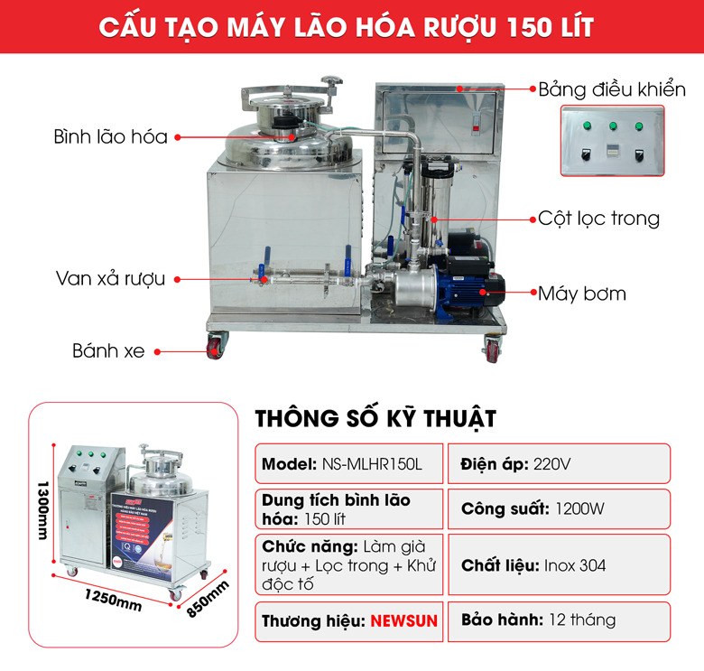 Cấu tạo chi tiết của máy lão hóa rượu 150 lít