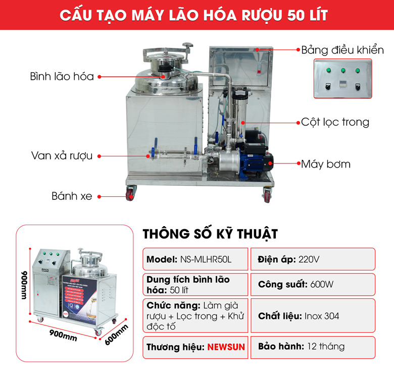 Cấu tạo chi tiết máy lão hóa rượu 50 lít