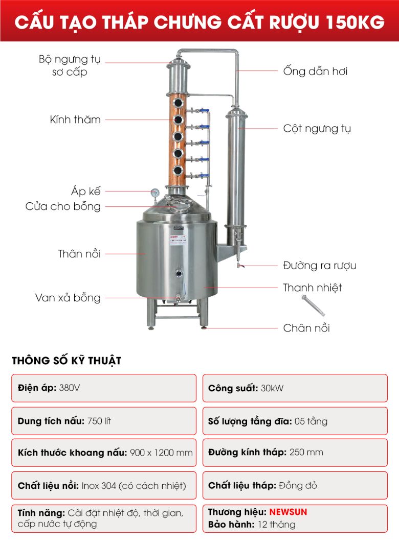 Cấu tạo tháp chưng cất rượu 150kg/mẻ Cấu tạo tháp chưng cất rượu 150kg/mẻ