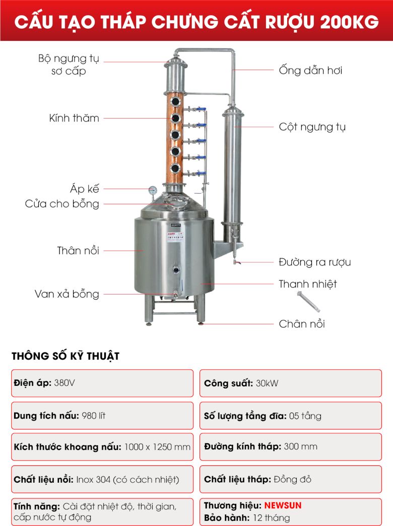 Cấu tạo tháp chưng cất rượu 200kg/mẻ