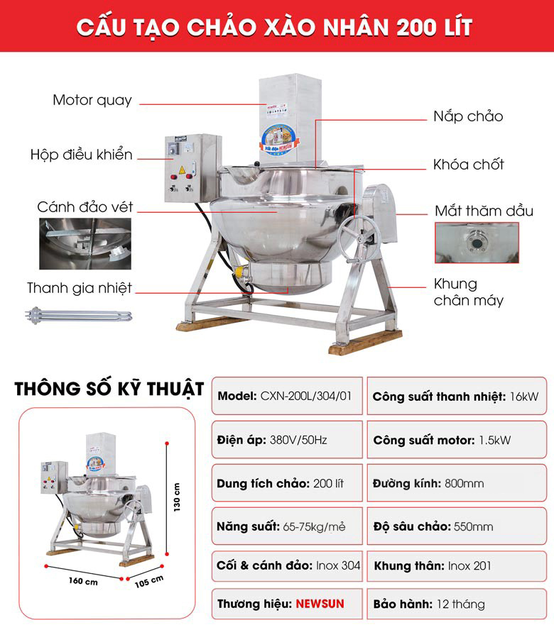 Cấu tạo của chảo sên nhân bánh 200 lít
