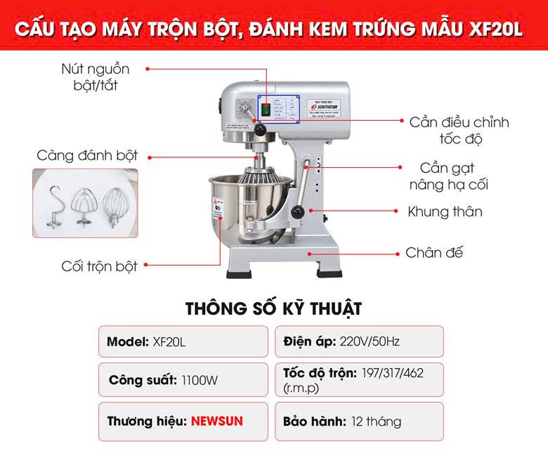 Cấu tạo máy đánh kem trứng mẫu XF20L