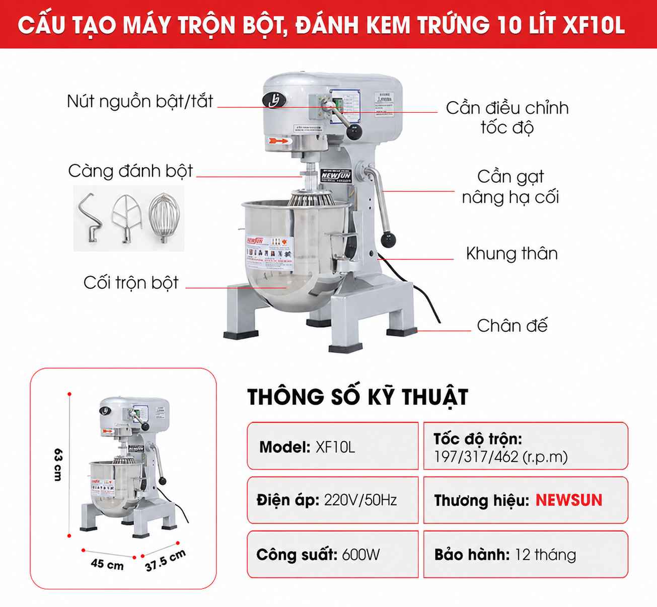 Cấu tạo máy đánh kem trộn bột LC 10 lít