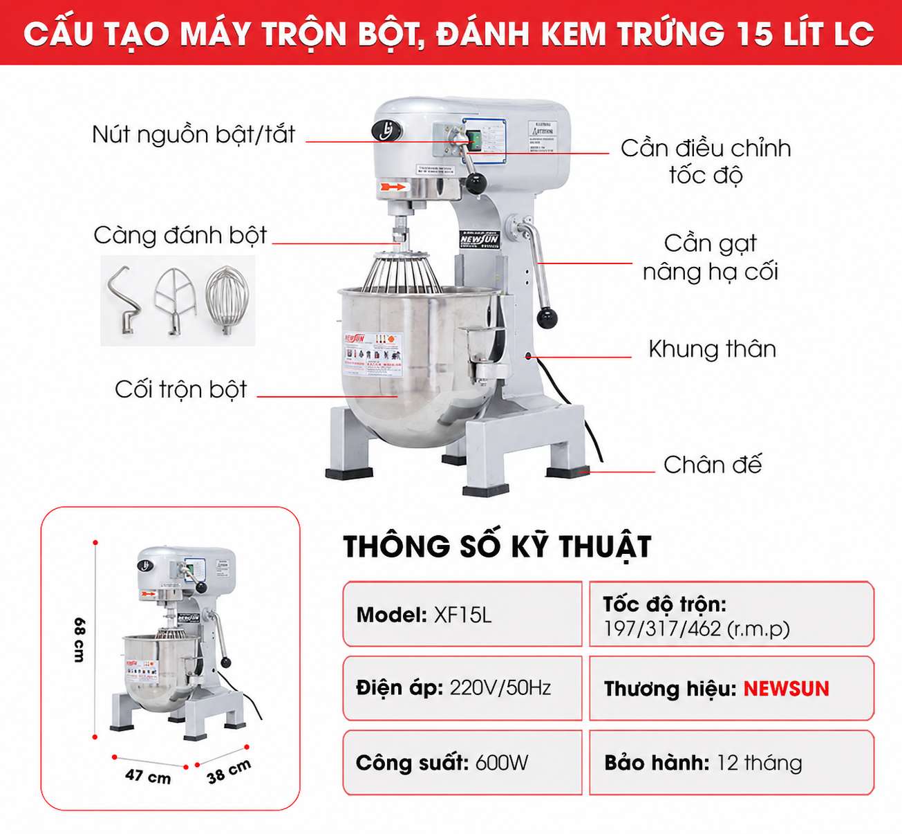 Cấu tạo máy đánh kem trộn bột LC 15 lít