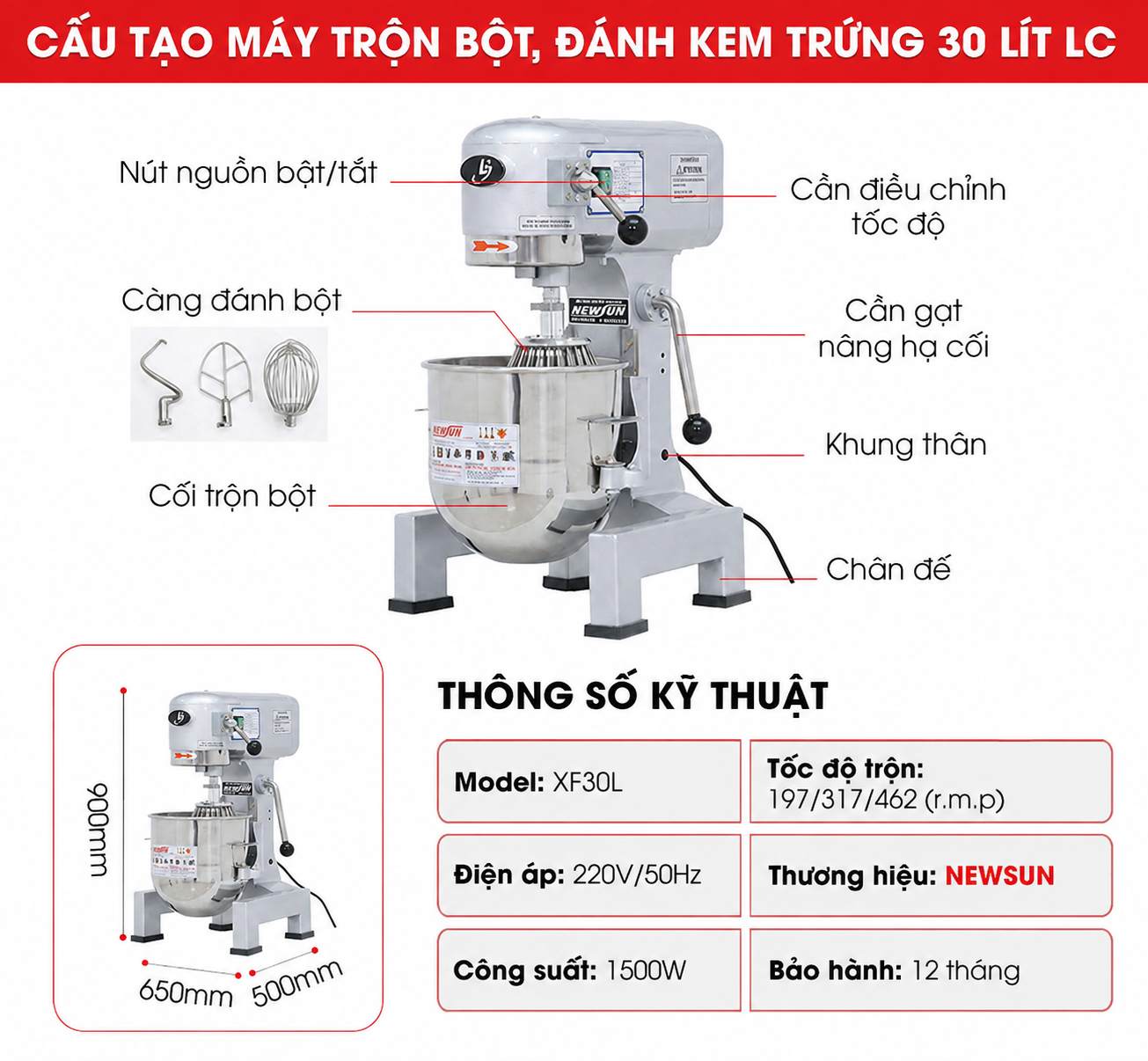 Cấu tạo máy đánh kem trộn bột LC 30 lít