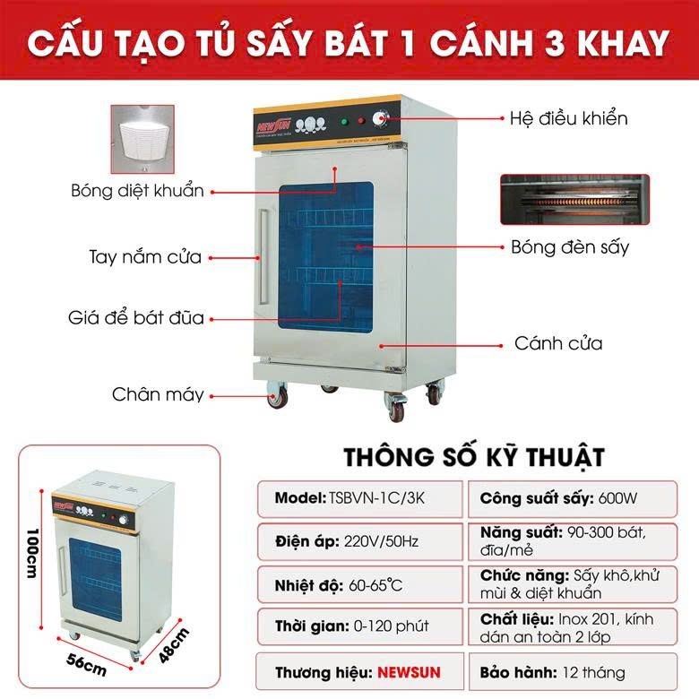 Cấu tạo tủ sấy chén bát 3 khay Cấu tạo tủ sấy chén bát 3 khay