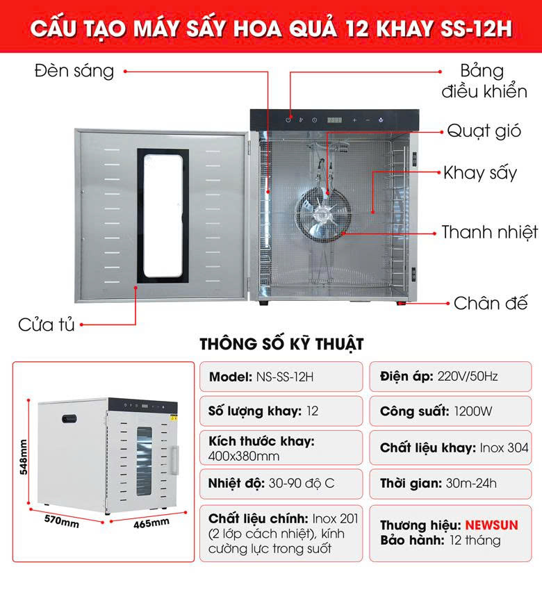 Cấu tạo máy sấy hoa quả SS-12H
