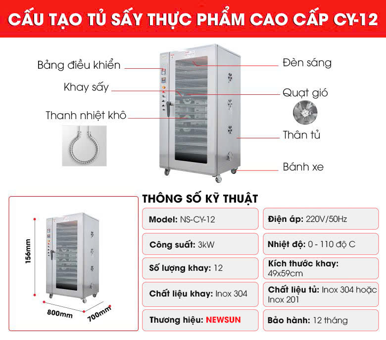 Cấu tạo tủ sấy thực phẩm cao cấp CY-12 Cấu tạo tủ sấy thực phẩm cao cấp CY-12