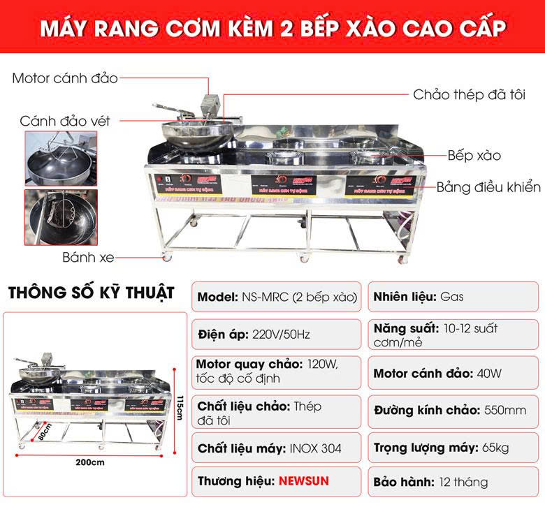 Cấu tạo máy rang cơm kèm hai bếp xào