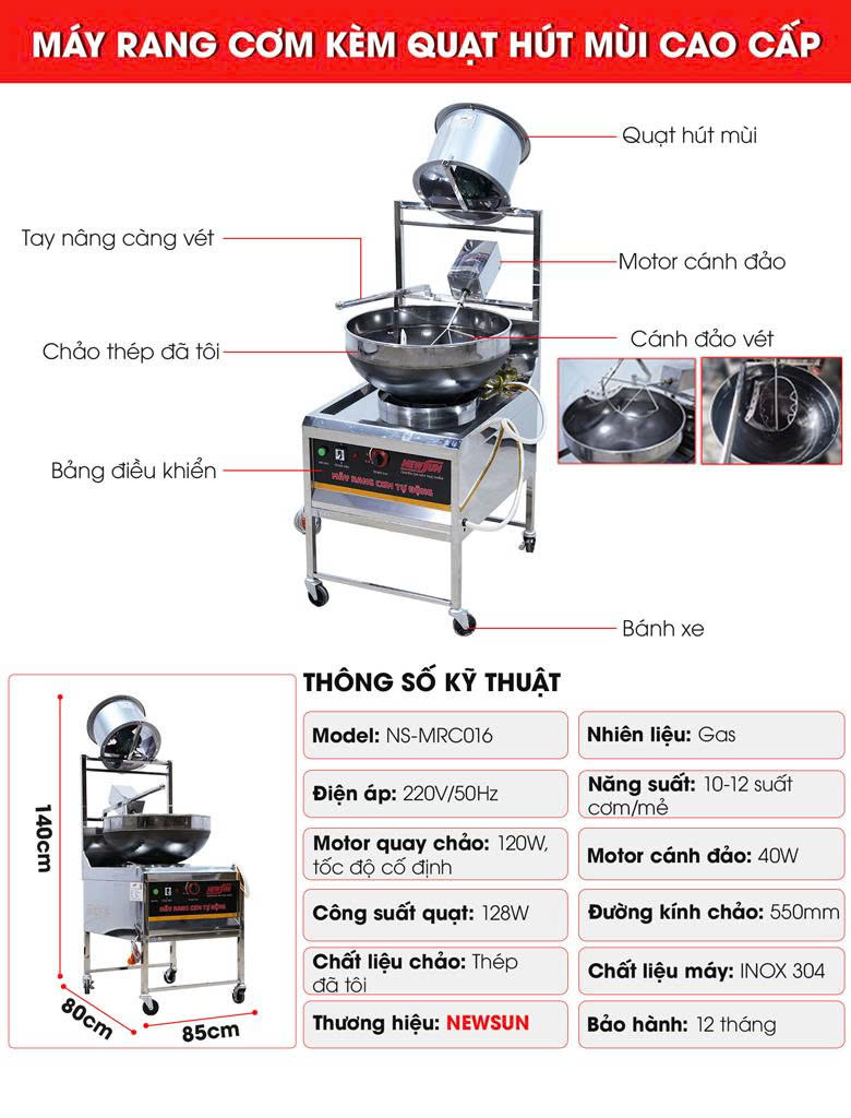 Cấu tạo máy rang cơm kèm quạt hút