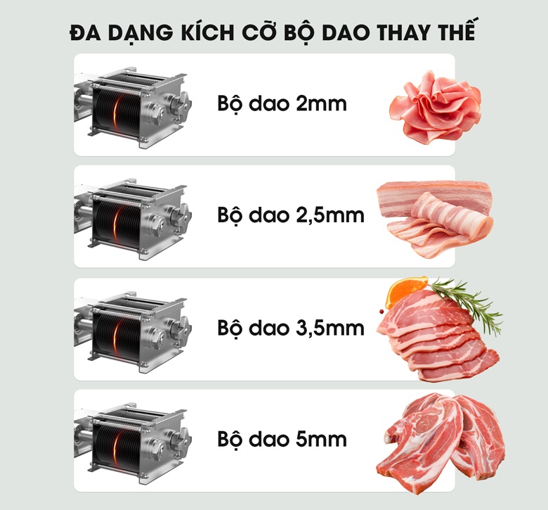Thay được bộ dao với nhiều kích cỡ cắt lát khác nhau