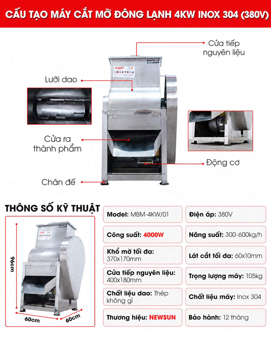 Cấu tạo máy cắt mỡ đông lạnh 4kW inox 304 điện 380V