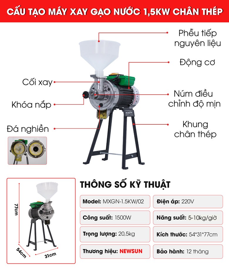 Cấu tạo máy xay gạo nước chân thép 1,5kW Cấu tạo máy xay gạo nước chân thép 1,5kW